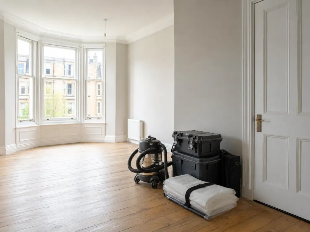 A vacuum and stacked equipment cases standing ready in an empty Glasgow tenement room with a bay window