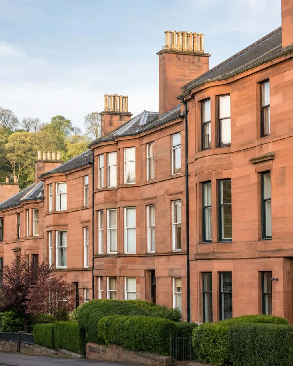 Red sandstone tenements with tall chimney stacks stepping up a hill in Battlefield, a wooded slope behind them