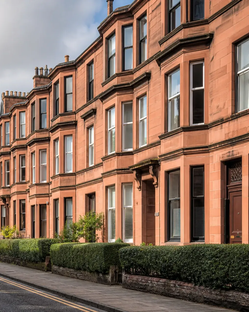 A terrace of red sandstone tenements with bay windows and clipped hedges on a wide Dennistoun street