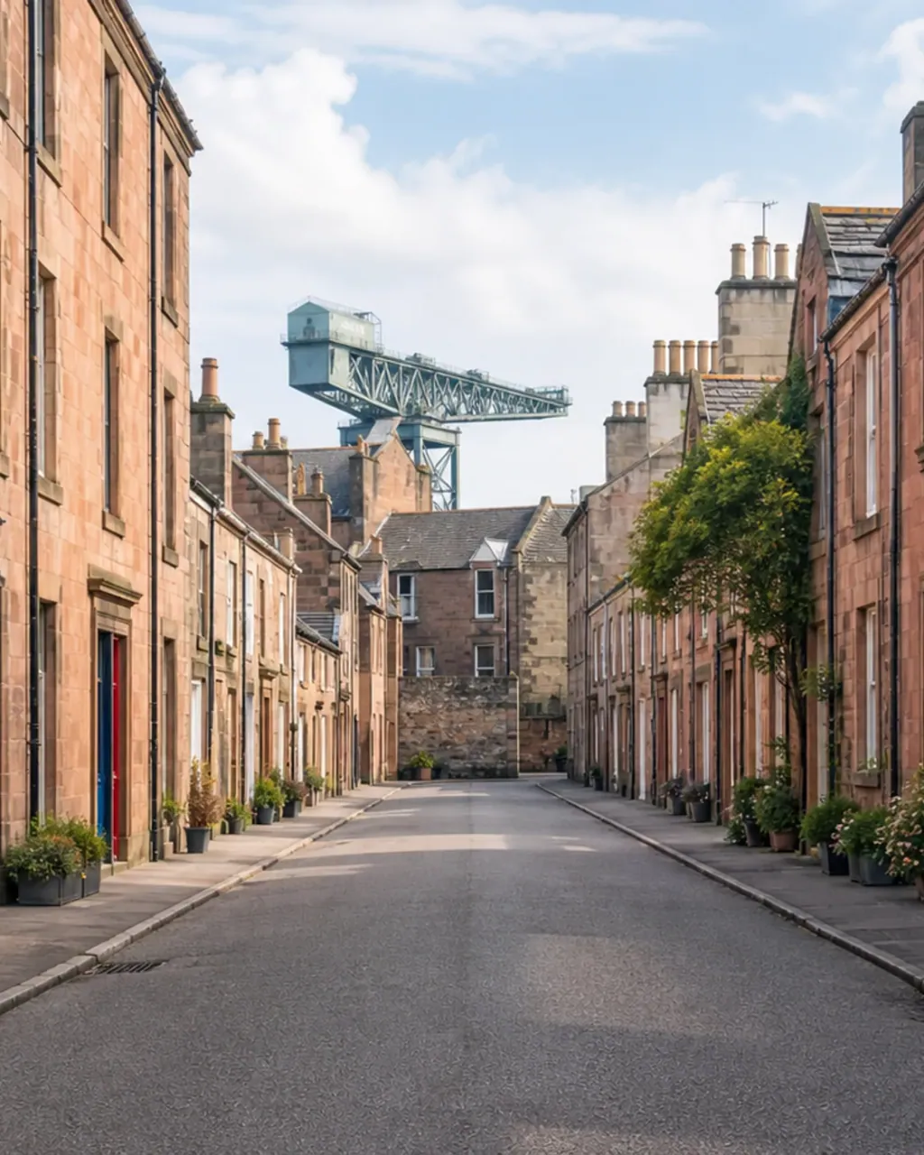 A narrow Finnieston lane of sandstone flats with painted doors and potted plants, the Finnieston Crane rising at the far end