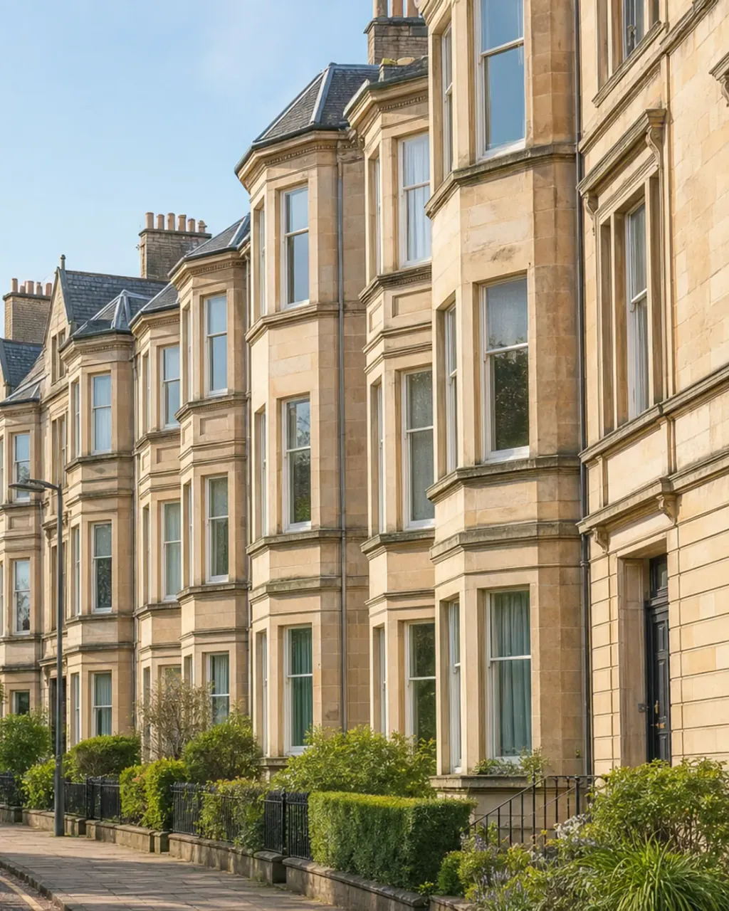 Blond sandstone terraced flats with deep bay windows and clipped front hedges on a Hillhead street in spring sunshine