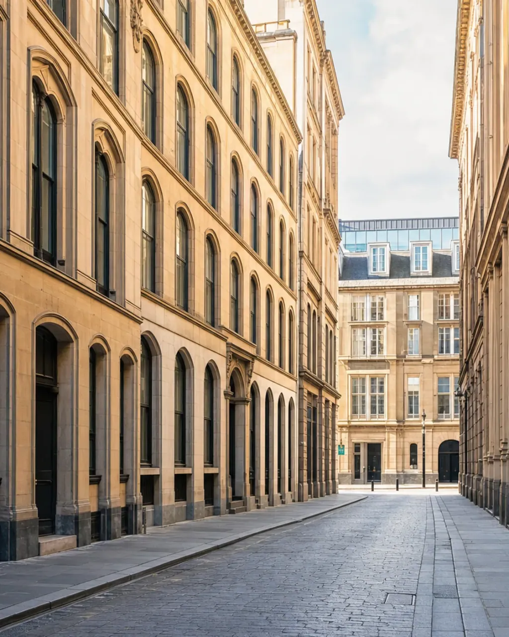 Tall blond sandstone warehouse blocks with arched ground-floor windows lining a narrow cobbled Merchant City street