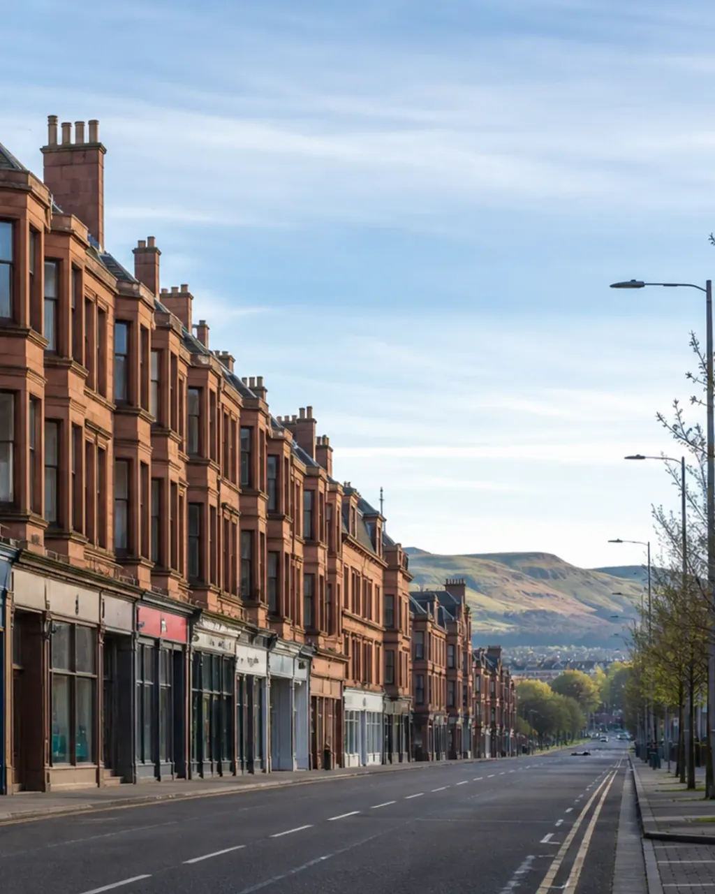 Red sandstone tenements above a row of shuttered shopfronts on a wide Partick main road, with hills on the horizon
