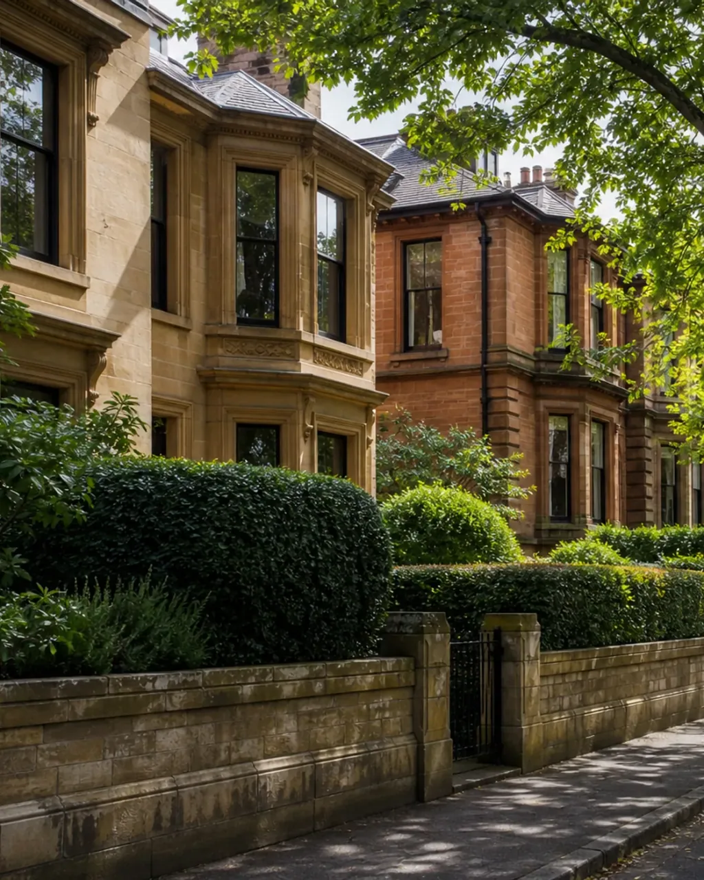 Large blond and red sandstone villas behind clipped hedges and low stone walls, under a canopy of trees in west Pollokshields