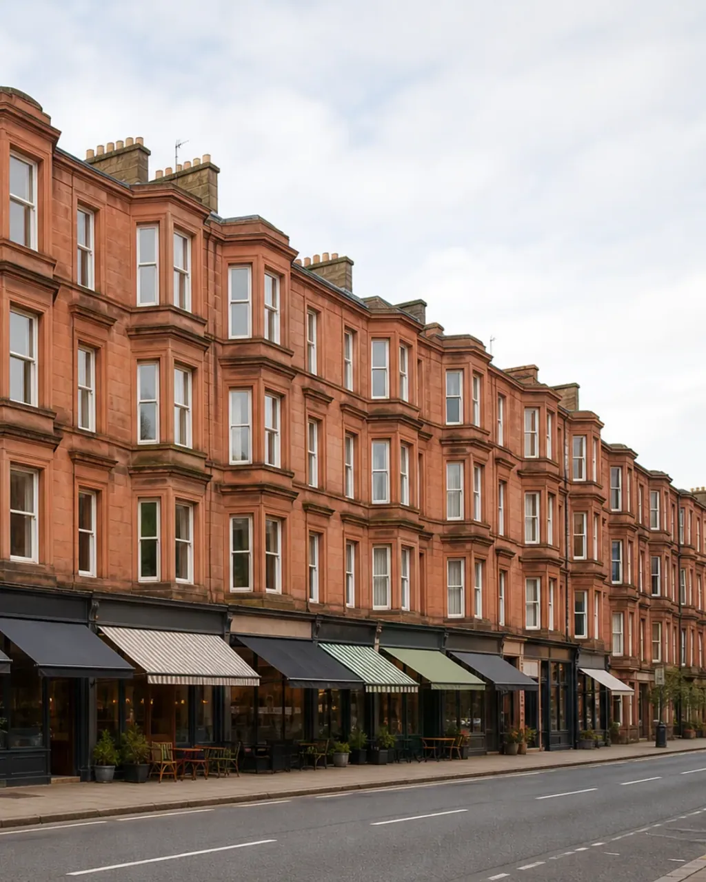 A long red sandstone tenement terrace above cafe awnings and shopfronts on a Shawlands shopping street