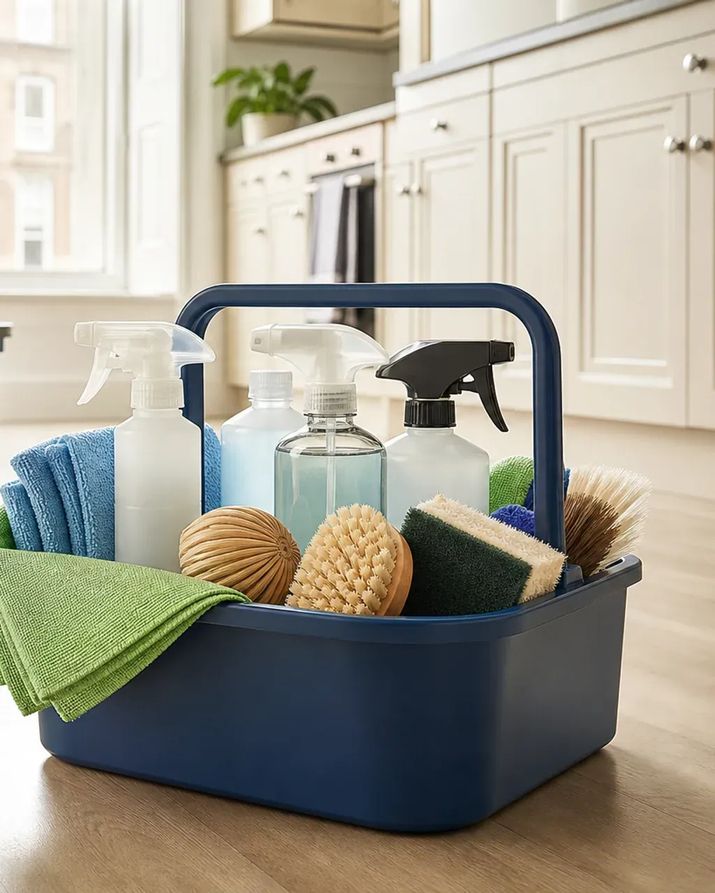 A blue cleaning caddy filled with spray bottles, microfibre cloths and scrubbing brushes on a kitchen floor