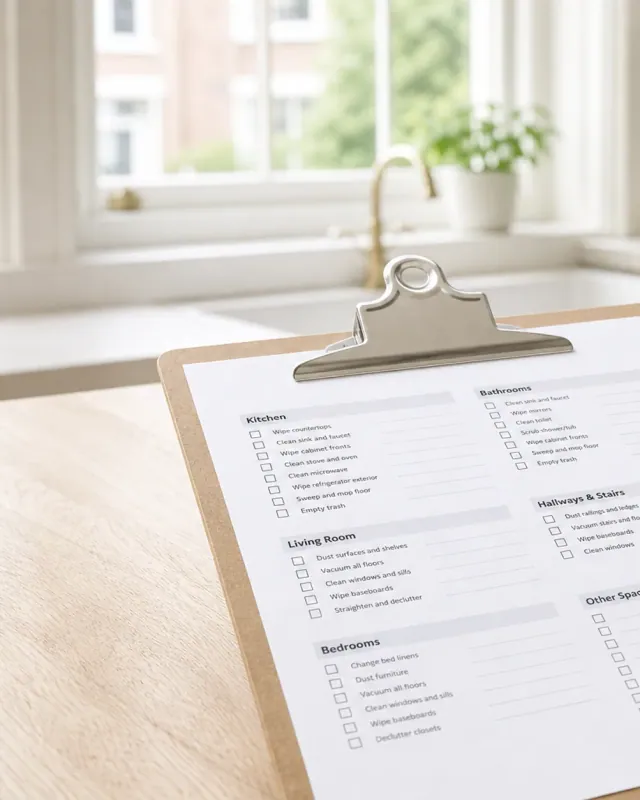 A room-by-room cleaning checklist clipped to a wooden clipboard on a kitchen worktop, a folded cloth beside it