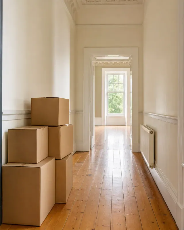 Stacked cardboard moving boxes in the hallway of a Glasgow tenement flat, the corridor running away to a bright window