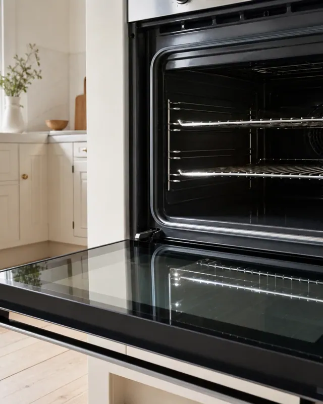 A built-in oven standing open in a pale kitchen, the empty interior and chrome shelf runners wiped clean