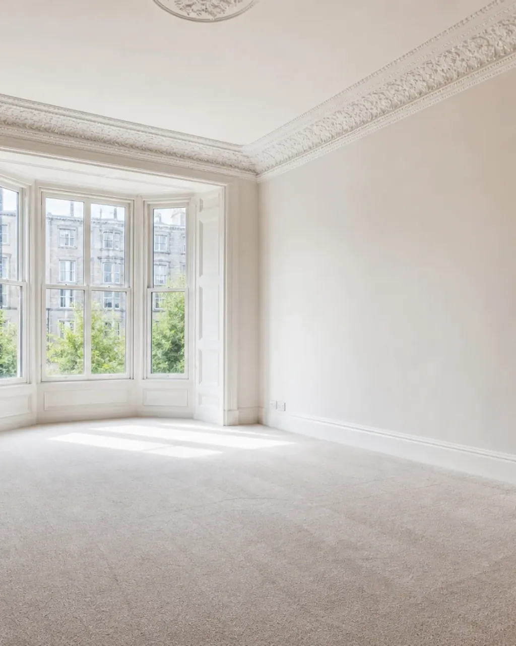 An empty Glasgow tenement living room with a bay window, cornice ceiling and freshly vacuumed pale carpet
