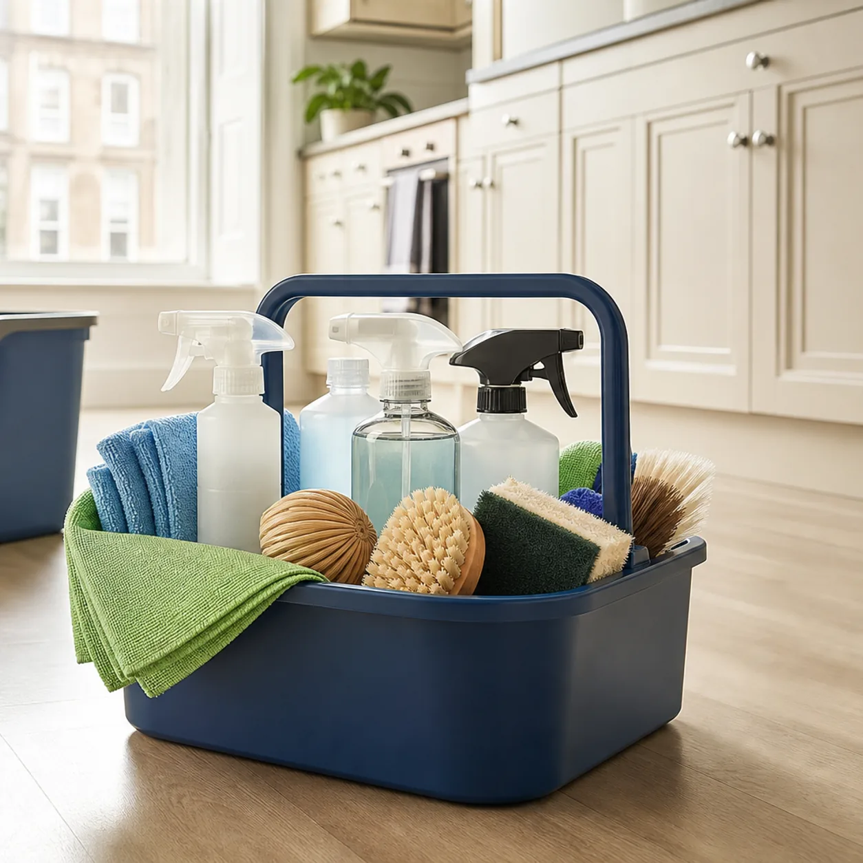 A blue cleaning caddy filled with spray bottles, microfibre cloths and scrubbing brushes on a kitchen floor