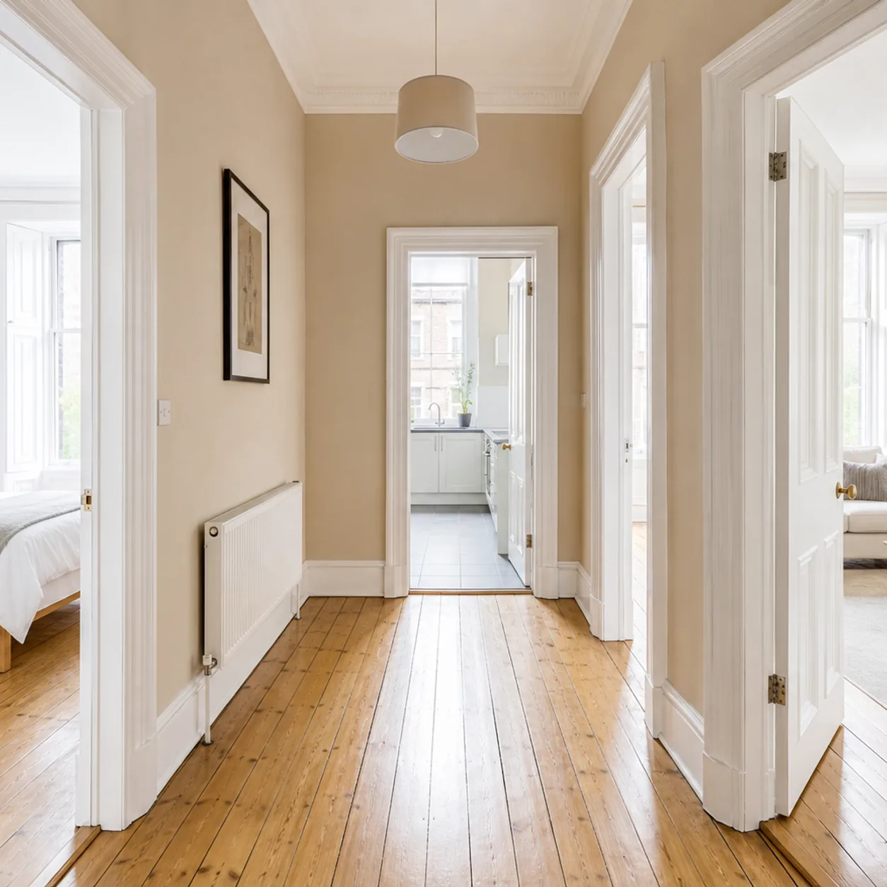A cleaned Glasgow tenement hallway with polished floorboards, doors standing open to a bedroom and a kitchen