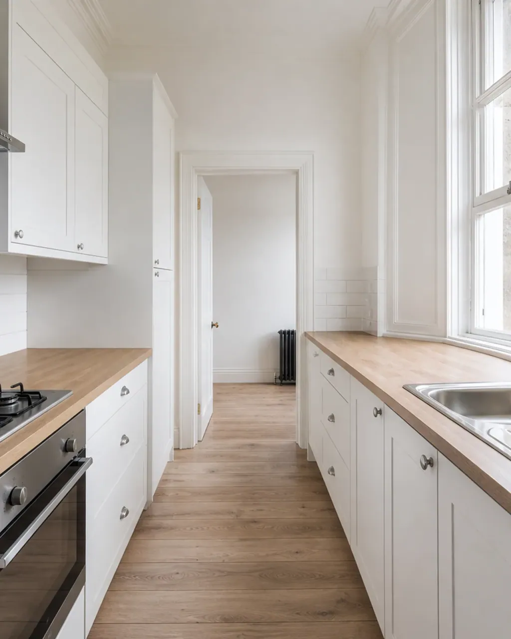 A narrow white galley kitchen in a Glasgow tenement flat, worktops cleared and the oven and hob left clean