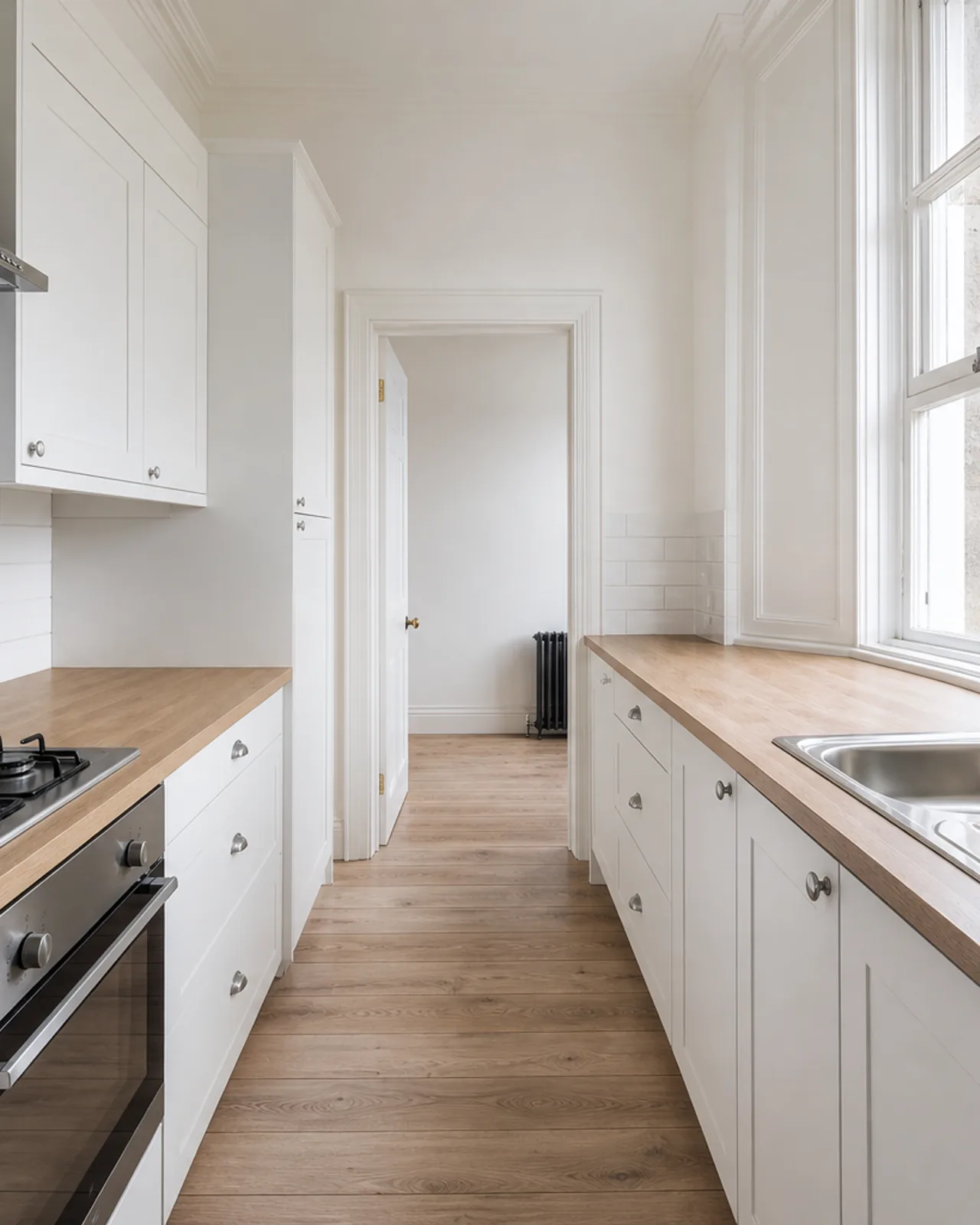 A narrow white galley kitchen in a Glasgow tenement flat, oak worktops empty and the hob and oven left clean