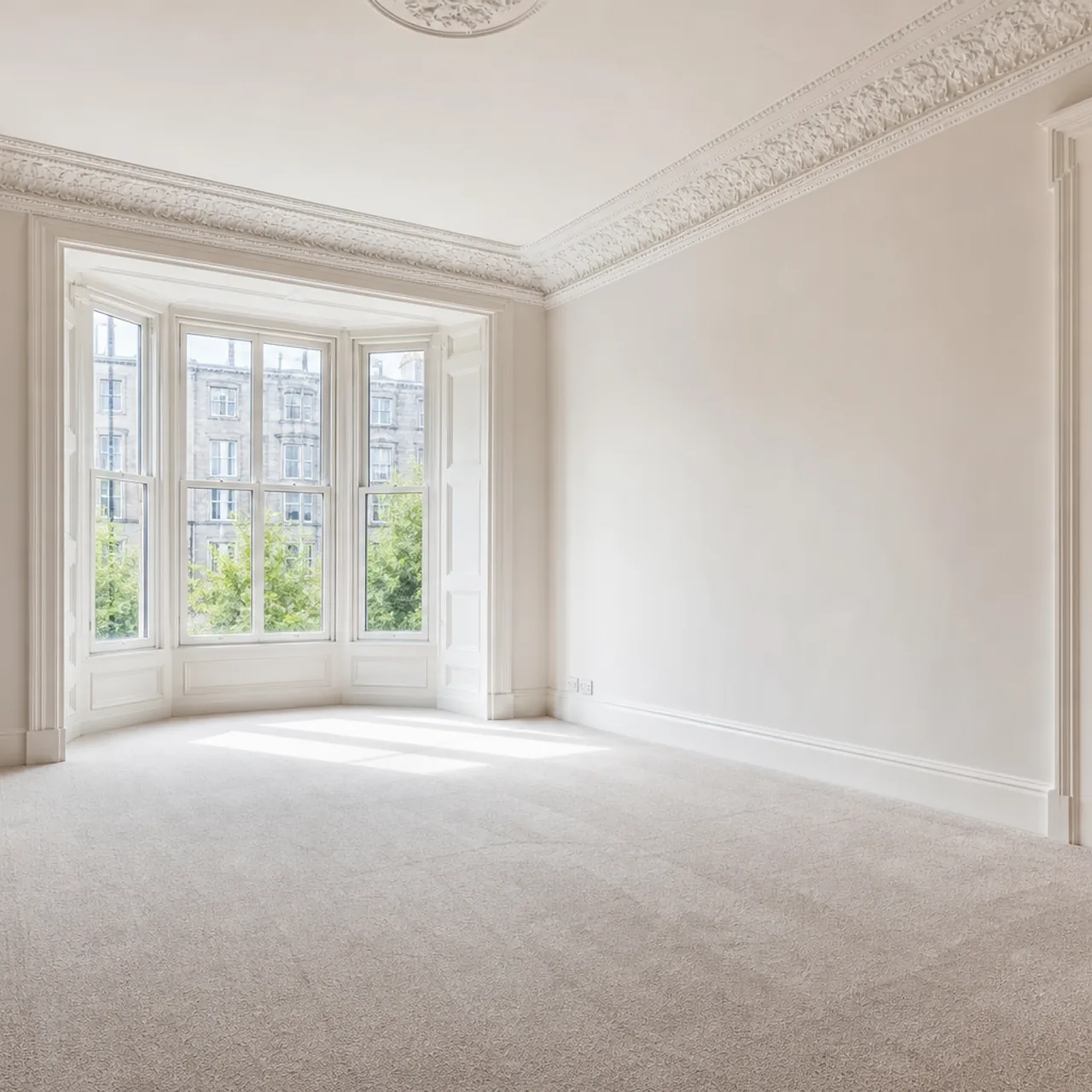 An empty tenement living room with a bay window, cornice ceiling and freshly vacuumed pale carpet