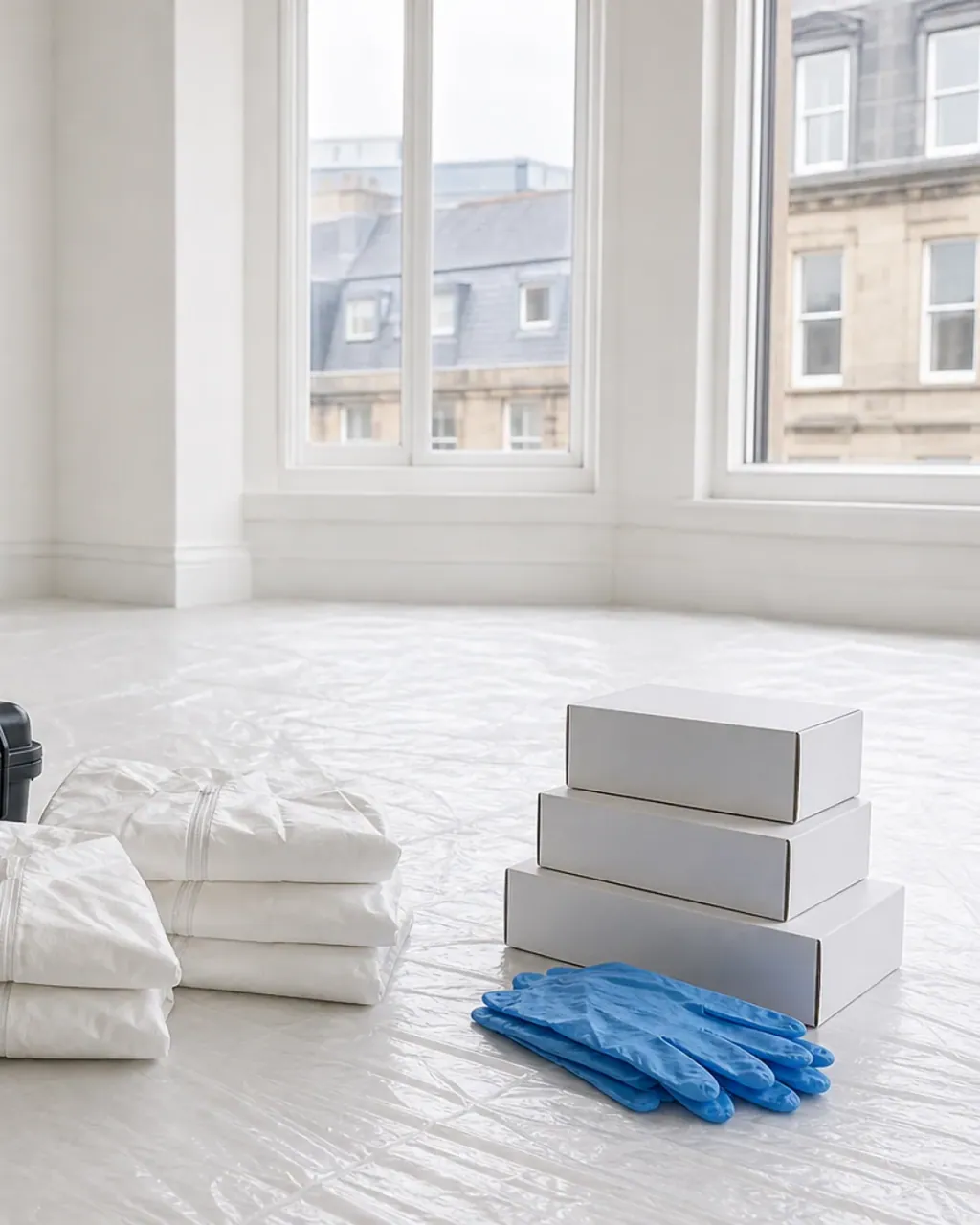 Sealed protective suits, boxed supplies and blue nitrile gloves laid out on a sheeted floor in an empty Glasgow tenement room