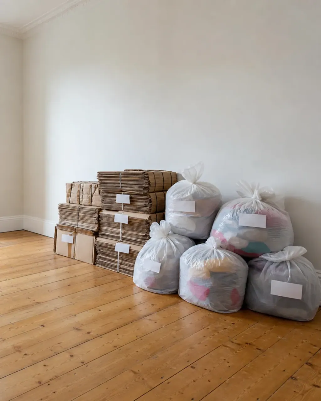 Labelled clearance sacks and stacks of flat-packed cardboard boxes against the wall of a cleared tenement room with bare floorboards