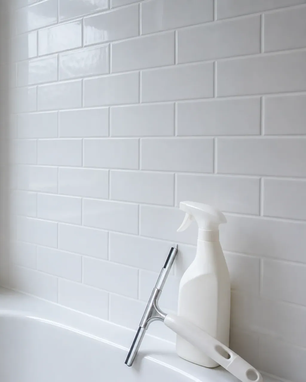 A spray bottle and a squeegee resting on the edge of a bath against white tiling, beside a frosted bathroom window