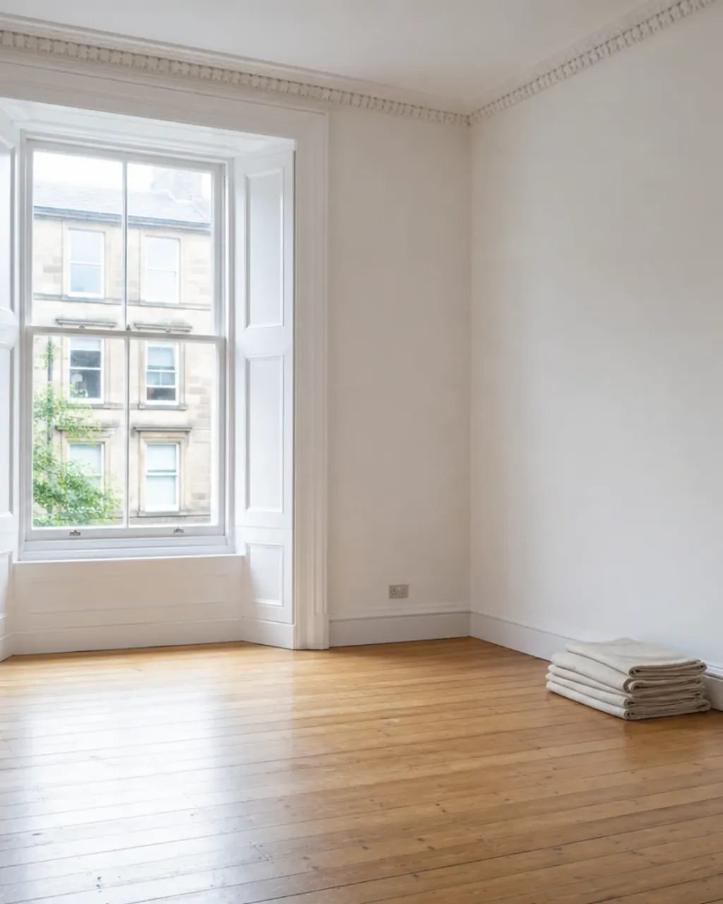 A freshly finished tenement room with a sash window, new paintwork and sanded floorboards, a folded dust sheet in the corner