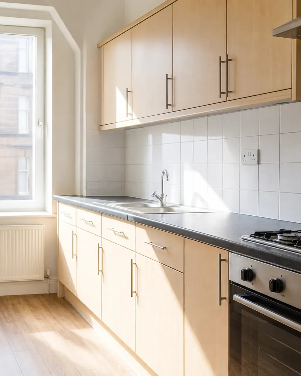 A tenement kitchen with beech cupboards emptied and the doors left open, worktops and floor cleared for cleaning